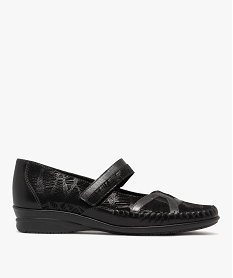 GEMO Ballerines femme confort en cuir à bride scratch et fines paillettes noir standard