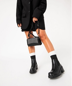 GEMO Boots femme unies à talon carré et col chaussette Noir
