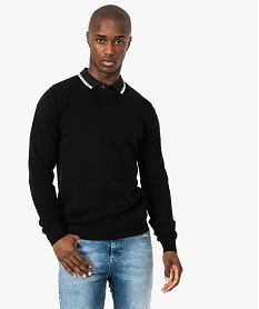 GEMO Pull homme en coton au coloris uni avec col V Noir