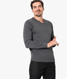 GEMO Pull homme en coton au coloris uni avec col V Gris