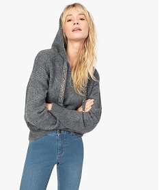 GEMO Pull femme à capuche en maille fantaisie Gris