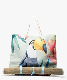 sac de plage femme imprime avec natte en paille integree multicolore3155501_1