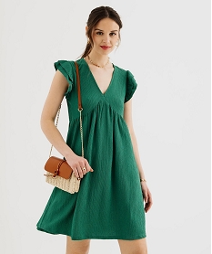 GEMO Robe à manches volantées avec taille empire femme vert standard