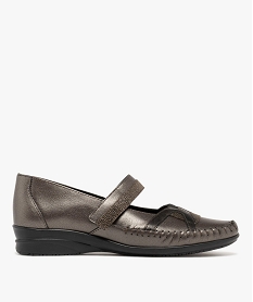 GEMO Ballerines femme confort en cuir à bride scratch et fines paillettes marron standard