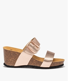 GEMO Mules femme compensées à larges brides en cuir rose standard
