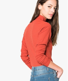 tee-shirt femme en maille cotelee manches longues et col montant orange4813201_3