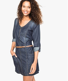 robe aspect denim a manches longues avec ceinture bleu5765201_1