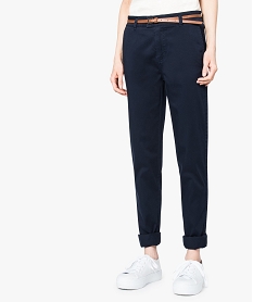 GEMO Pantalon femme en toile coupe slim avec ceinture fine Bleu