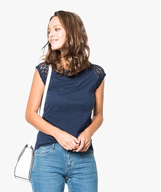 GEMO Tee-shirt femme à manches courtes en dentelle Bleu