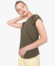 GEMO Tee-shirt femme à manches courtes en dentelle Vert