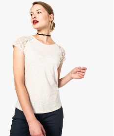 GEMO Tee-shirt femme à manches courtes en dentelle beige chine