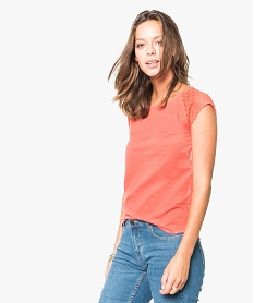 GEMO Tee-shirt femme à manches courtes en dentelle Orange