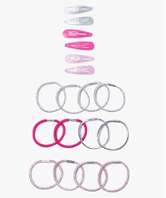 GEMO Ensemble de 18 accessoires pour cheveux : barrettes et élastiques rose et argent Multicolore