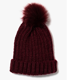 bonnet en maille cotelee avec pompon rouge6332101_2