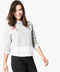 sweat bi-matieres avec motifs brodes sur le devant gris6552601_1