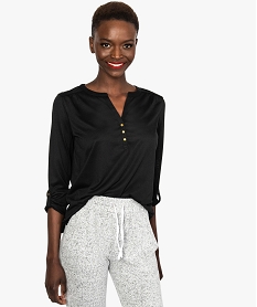 GEMO Tee-shirt fluide pour femme avec manches longues retroussables noir standard