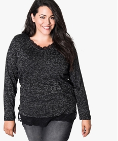 GEMO Pull femme pailleté avec empiècements dentelle noir vif