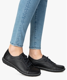 GEMO Derbies femme confort dessus cuir à lacets élastiques Noir