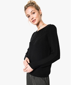 GEMO Pull en maille fantaisie avec perles brodées sur le décolleté noir standard