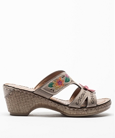 GEMO Mules femme confort à talon compensé et motif floral Brun