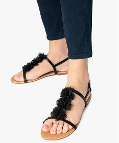 GEMO Sandales femme à talon plat ornées de fleurs en tissu noir standard