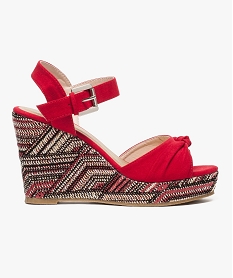 GEMO Nu-pieds en toile avec semelle compensée en raphia multicolore Rouge