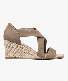 GEMO Nu-pieds en toile avec brides croisées et talon compensé en corde marron fonce
