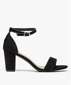 GEMO Nu-pieds à talon pour femme aspect cuir velours avec bride autour de la cheville Noir
