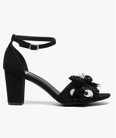 GEMO Sandales à talon large et fleurs en relief- Grande Largeur Noir