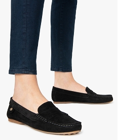 GEMO Mocassins femme en cuir uni et semelle à picots noir standard