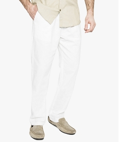 GEMO Pantalon en lin uni avec taille élastiquée Blanc