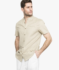 GEMO Chemise en lin à manches courtes et col mao Beige