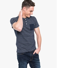 GEMO Tee-shirt rayé col tunisien bleu standard