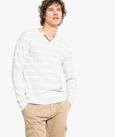 GEMO Pull rayé en coton col tunisien bleu chine