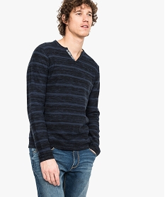 GEMO Pull rayé en coton col tunisien Bleu