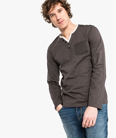 GEMO Tee-shirt à manches longues avec col tunisien bicolore marron chine