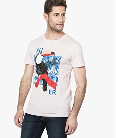 GEMO Tee-shirt uni à manches courtes et imprimé coloré rose vif