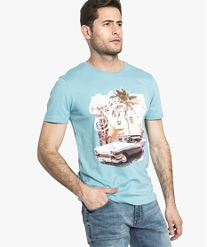 tee-shirt a manches courtes et col rond imprime estival bleu7147701_1