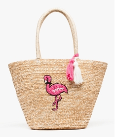 GEMO Sac cabas en paille avec motif flamant rose brodé Beige