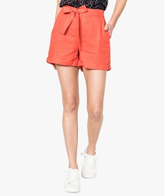GEMO Short large en lin avec ceinture à nouer Rouge