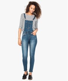 GEMO Salopette femme en jean stretch coupe slim effet usé Bleu