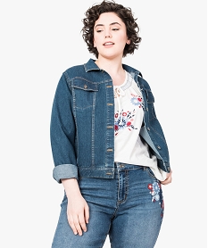 GEMO Veste en jean à broderie fleurie Gris