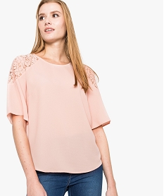 GEMO Blouse à manches courtes en crêpe et dentelle Rose