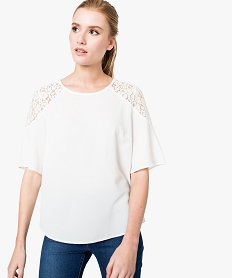 GEMO Blouse à manches courtes en crêpe et dentelle Blanc