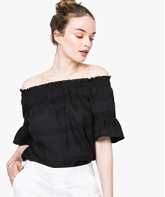 GEMO Blouse avec col bateau froncé et manches courtes Noir