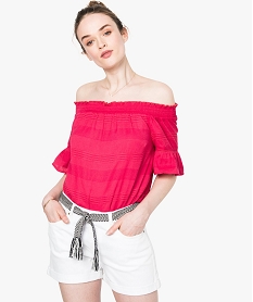 GEMO Blouse avec col bateau froncé et manches courtes Rose