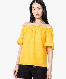 blouse avec col bateau fronce et manches courtes jaune7230201_1