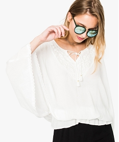 blouse avec col en dentelle et manches chauve-souris blanc7230501_1