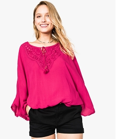 GEMO Blouse avec col en dentelle et manches chauve-souris Rose