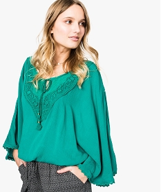 GEMO Blouse avec col en dentelle et manches chauve-souris Vert